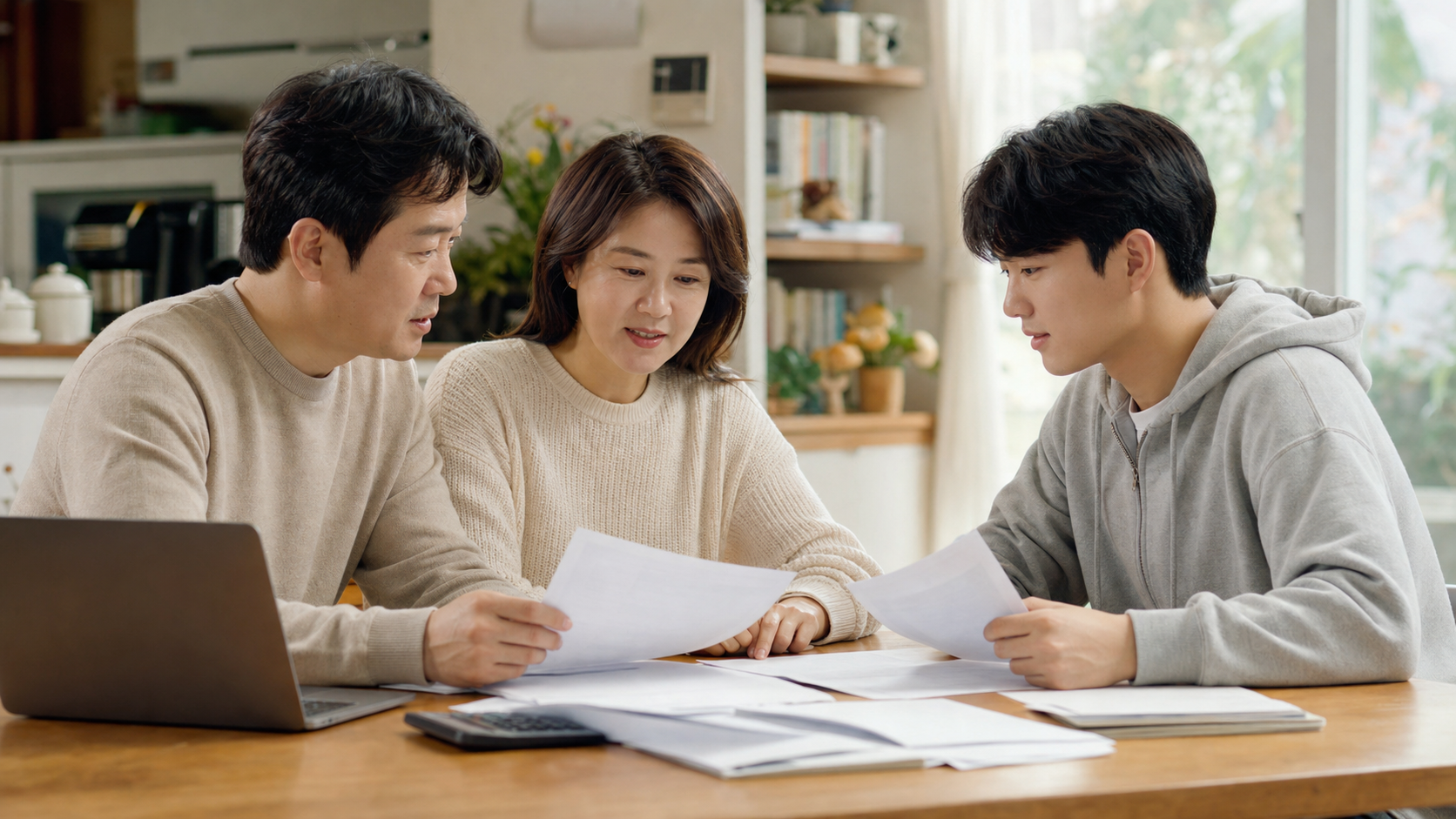소득분위 확인하며 학자금지원 상담하는 가족