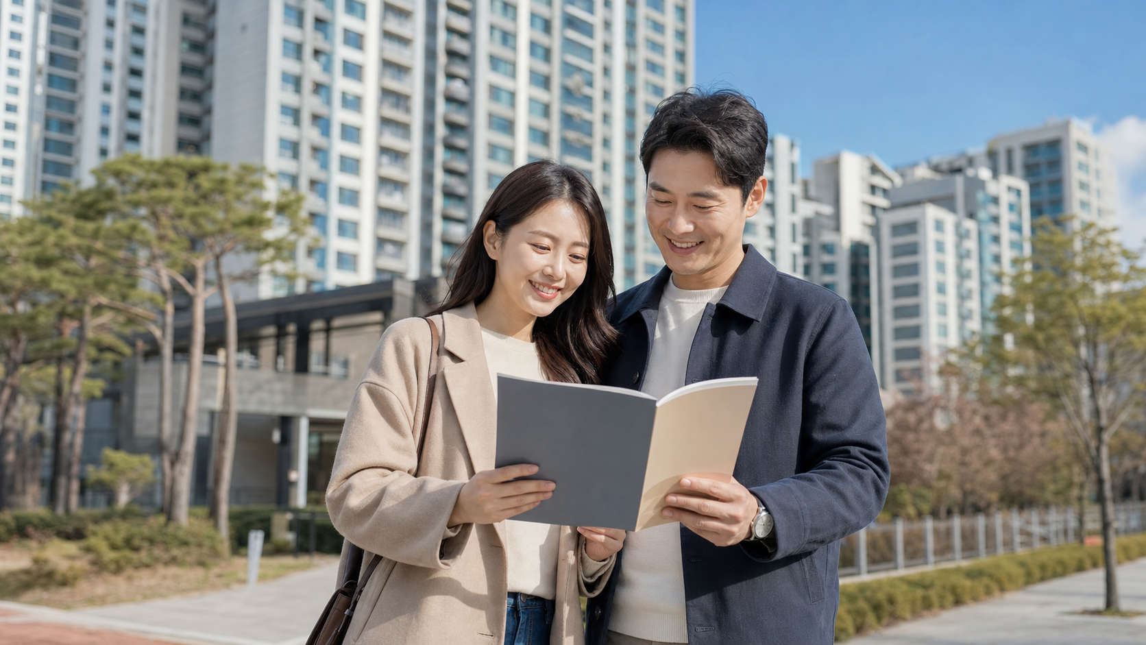청약1순위 신축 아파트 단지 앞 부부 모습