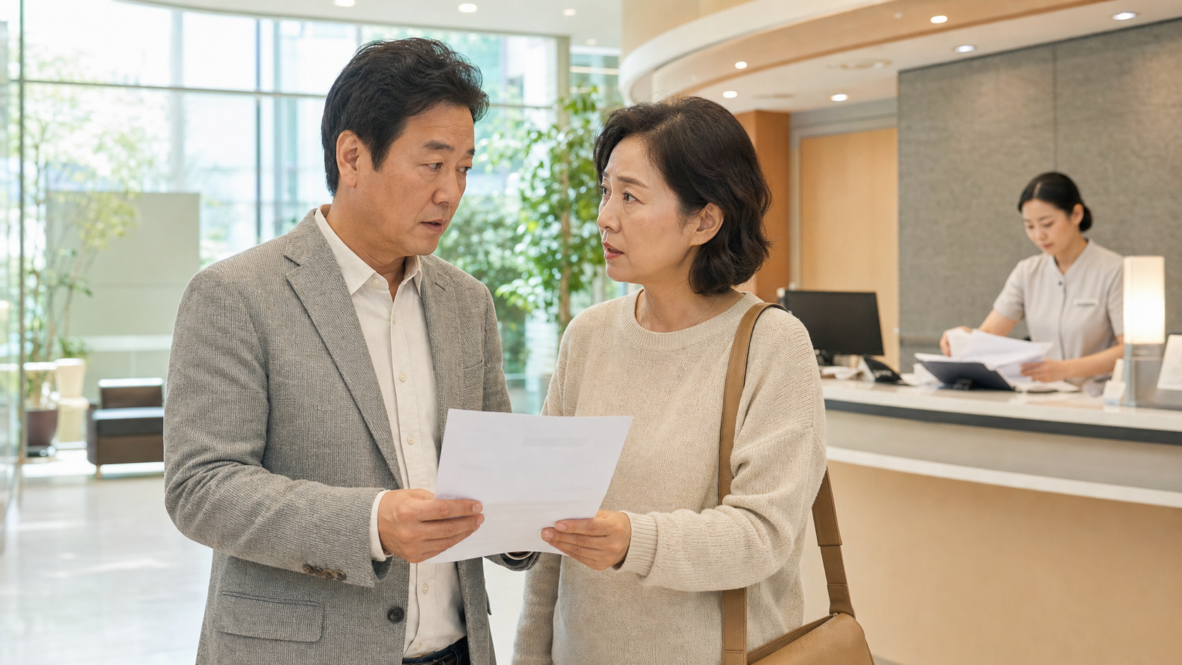병원 진료비 청구서를 확인하는 부부 의료비지원 상담