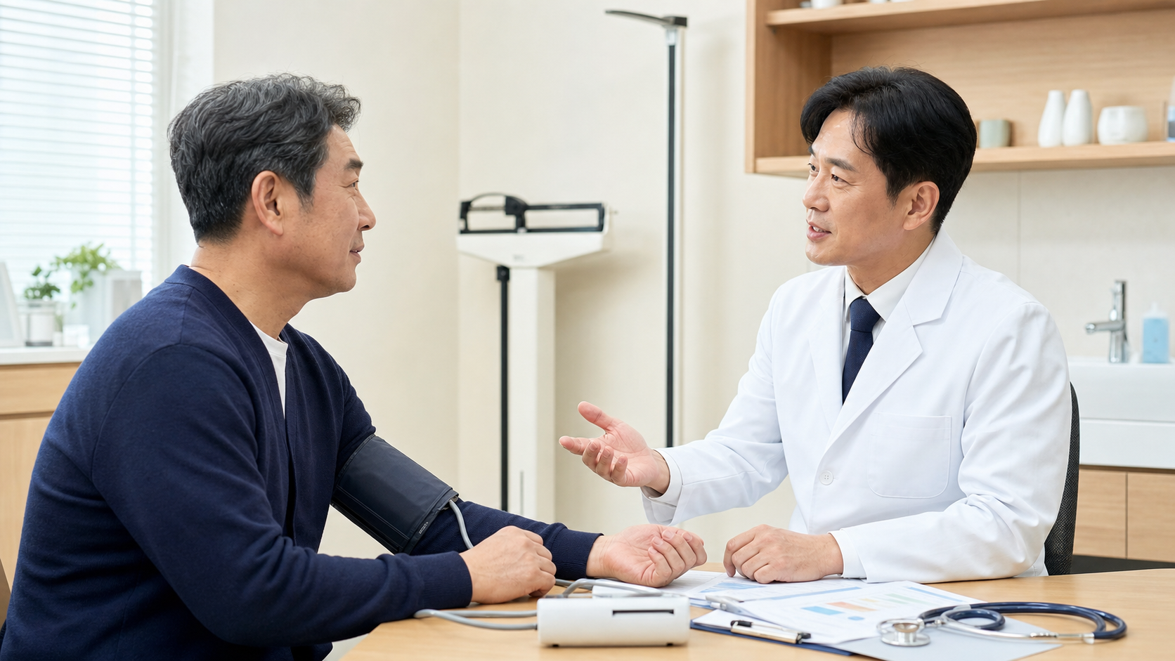 국가건강검진 무료 검진항목을 받고 있는 수검자와 의사