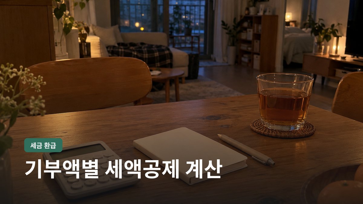 식탁 위 계산기와 노트로 기부 세액공제를 계산하는 장면